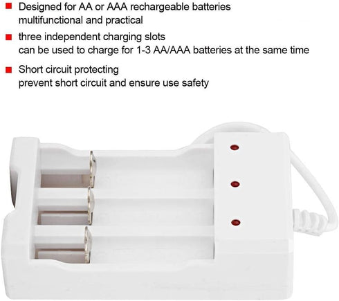 Portable Universal Rechargeable 3.6V Smart Charger for AA and AAA Batteries, Three Slots