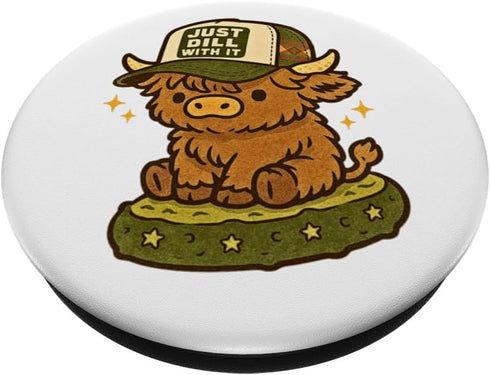 Pickle & Pasture Co. Just Dill with It Cute Highland Cow Pickle Pun PopSockets Adhesive PopGrip
