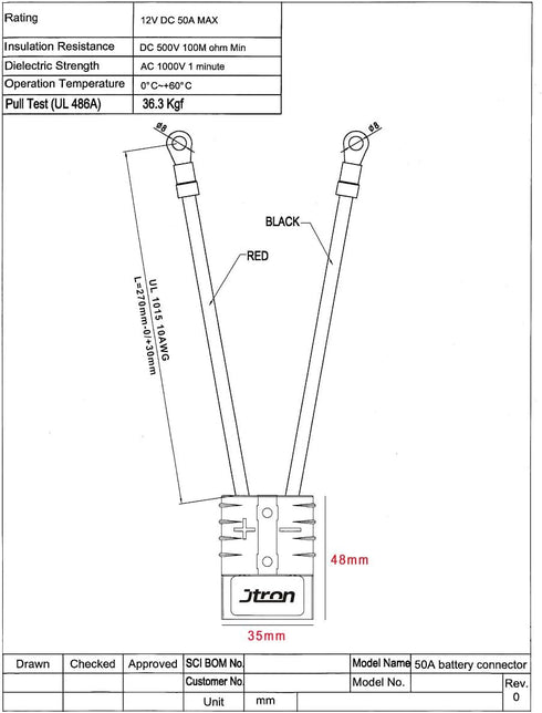 Electric Forklift Charging Plug Line, 50A High Current Connector Line for Battery Charging with O Ring