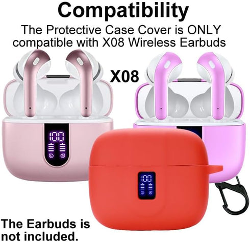 Earbuds Case Compatible with TAGRY X08 Wireless Headphone, Silicon Protective Cover with Carabiner (Red)