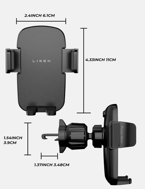 LISEN 360 Car Vent Phone Mount, Upgrade Phone Holders for Your Car Vent Wider Clamp & Metal Hook Phone Holder [Thick