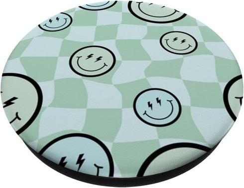Green Mint Retro Twisted Swirl Happy Smiling Face Checkered PopSockets Standard PopGrip