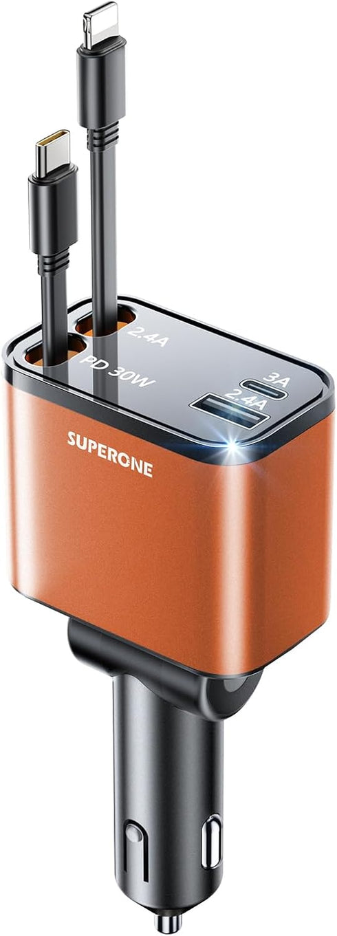 SUPERONE 4 in 1 Fast Car Charger, Smaller Retractable 69W with 2.6ft Cord, USB C & Apple Adapter for iPhone 15/15 Pro