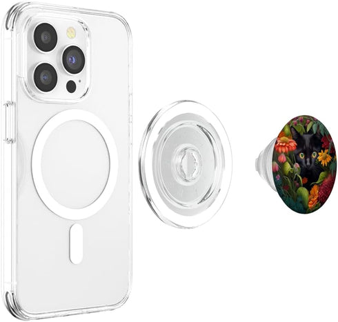 Black PopSockets MagSafe PopGrip for iPhone - Adorable Cat Hiding in Spring Flower Field