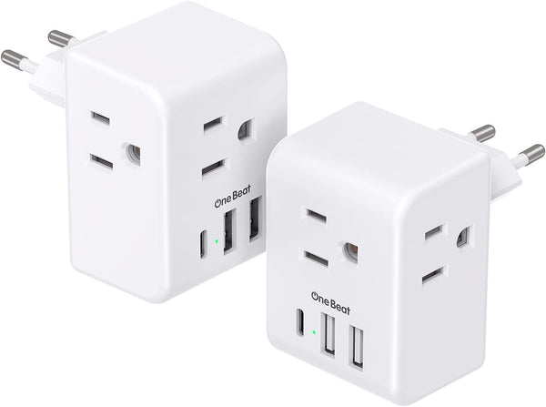 2 Pack European Travel Plug Adapter, One Beat International Power Adapter with 3 Outlets, 3 USB Ports for Europe Travel