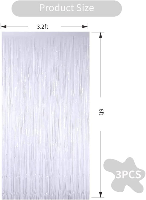 3Pcs White Metallic Tinsel Foil Fringe Curtains, 3.28ft x 6.56ft, White Photo Booth Backdrop Streamer Curtain for Party