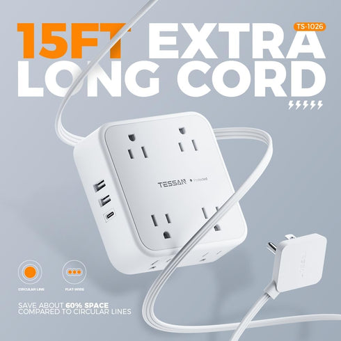 TESSAN Long Flat Extension Cord 15 ft with Surge Protector - Power Strip with 4 Outlets & 3 USB Ports (1 USB C)