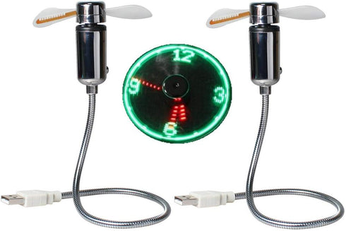 DECVO USB LED Clock Fan - 90mm USB-Powered Portable Mobile Fan with Clock, LED Light Time (2 PACK)