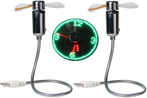 DECVO USB LED Clock Fan - 90mm USB-Powered Portable Mobile Fan with Clock, LED Light Time (2 PACK)