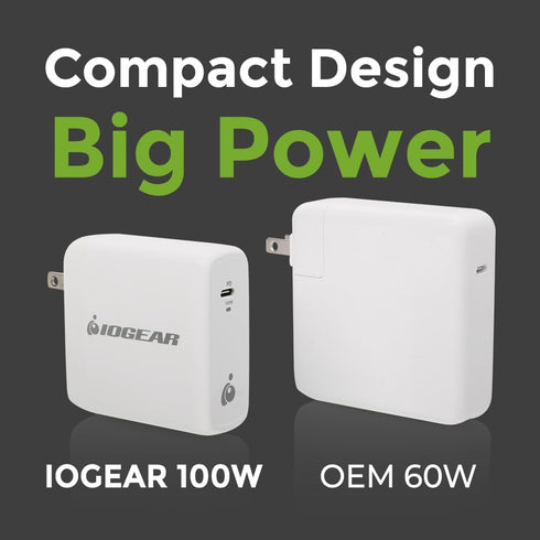 IOGEAR GearPower 100W USB-C GaN Charger, Compatible with USB4, Thunderbolt 3/4, iPhone 12, Android Smartphones