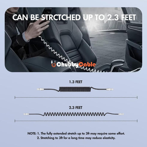 chubbycable Curly Chubby - Retractable Fast Charging Cable, 240W Coiled Charger Cord for Car, Durable USB-C Cable for