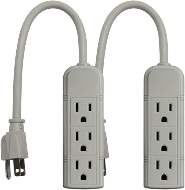 PS28U Compact Grounded 3-Outlet Power Strip, UL Listed, 1-Foot, 2-Pack