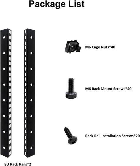 fmuser 8U M6 Set Rack Rails with Rack Mount Screws and Cage Nuts for DIY Server and Network Switch Racks