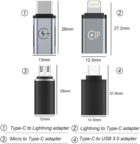 New USB to Type C Adapter, Type c Female to Micro Male, Lightning Female to Type C Male, Type c Female to USB Male, Suitable for Tablet, obile Phone, PC(4Pack)