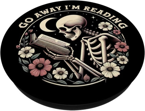 Go Away I'm Reading Funny Skeleton Read Book Under The Moon PopSockets Standard PopGrip