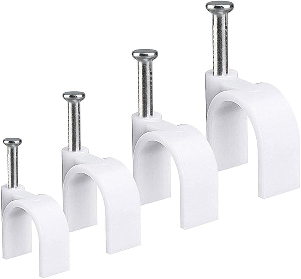Round Cable Wire Clips for RG6/RG59/CAT5/CAT6/RJ45 - 400pcs Single Coaxial Nail Clamps (6mm + 8mm + 10mm + 12mm)