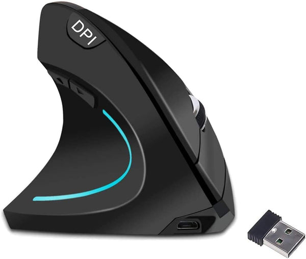 Left Handed Mouse, 2.4G Wireless Rechargeable Ergonomic Vertical Mouse with USB Dongle, Silent Click, 3 Adjusted DPI, 6