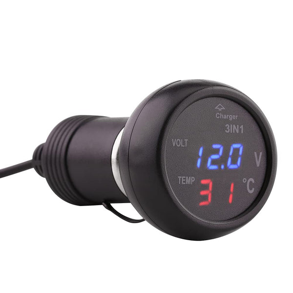 Digital Voltage Temperature Monitor, 12V to 24V 3in1 Dual USB Car Battery Voltage Tester (Blue + Red)