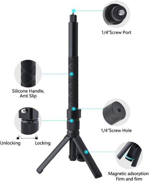 Generic Insta360 X5/X4, 3, GoPro,1/4" 6 lbs (47 inches) Bullet Time Handle Tripod Rotating Grip with Invisible Selfie