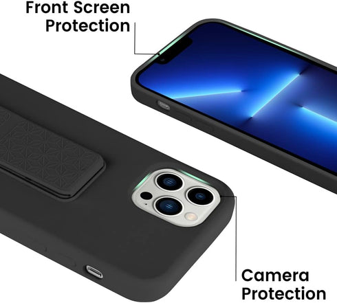 LAUDTEC Silicone Kickstand Case for iPhone 13 Pro Max, Flexible Soft Liquid Silicone with Hand Strap (Black)