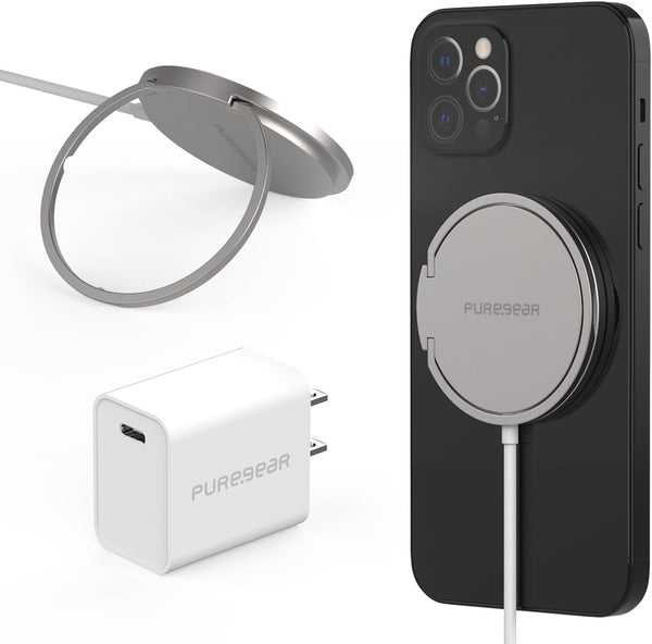 PureGear Kickstand 15W Qi-Certified Fast Magnetic Wireless Charging Pad for iPhone 15/15Pro/15ProMax/14/13/12, Galaxy