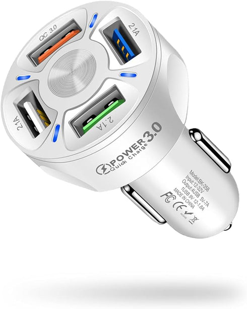 4 Ports USB Car Charger Adapter, Fast QC3.0 Quick Phone Charger with LED Light, Compatible with iPhone and Galaxy