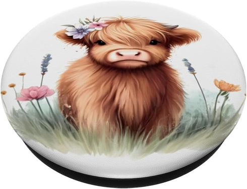 Cute Floral Baby Highland Cow Sweet Scottish Cow Watercolor PopSockets Standard PopGrip
