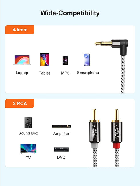 CableCreation 3.5mm to RCA Cable, 1.6FT/0.5M Angle 3.5mm Male to 2RCA Male Auxiliary Stereo Audio Y Splitter Gold-Plated