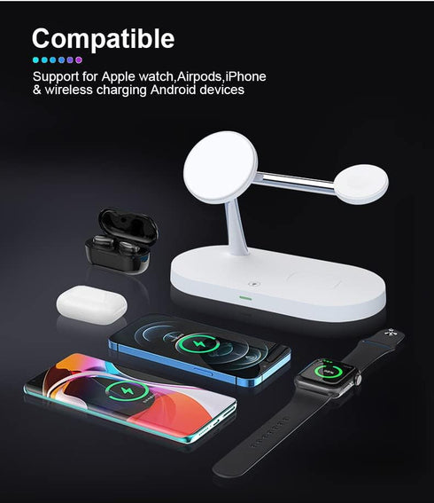 5 in 1 Magnetic Wireless Charging Stand, 15W Fast Mag-Safe Charging Station ,with Neutral Light Design for iPhone 15/14/13/12 Series, iWatch 7/SE/6/5/4/3/2, Airpods 3/2/Pro (White)