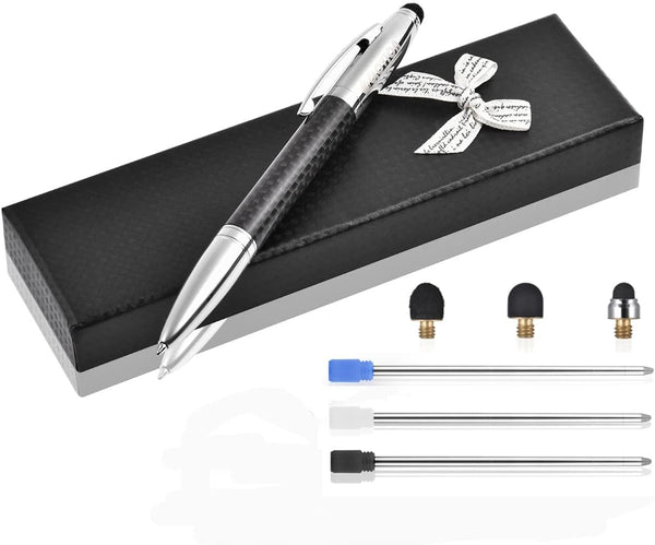Glovion Multicolor Ballpoint Pen with Stylus Tip, 2 in 1 Carbon Fiber Ink Writing Pens with 3 Replacement Tips
