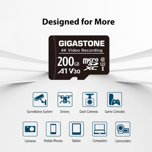 Gigastone 200GB A1 V30 4K 100MB/s Micro SD Card, Video Recording, Compatible with Security Camera, Dash Cam, Drone
