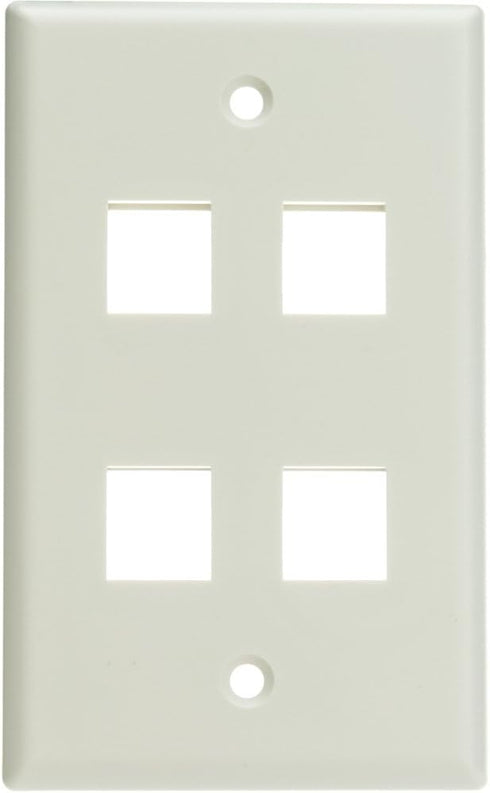 Keystone Wall Plate 4 Port, White, for Cat5e, Cat6, Coax, Aux, Single Gang