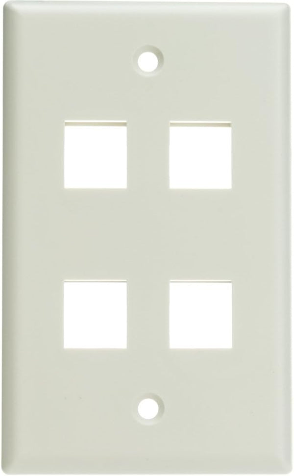Keystone Wall Plate 4 Port, White, for Cat5e, Cat6, Coax, Aux, Single Gang