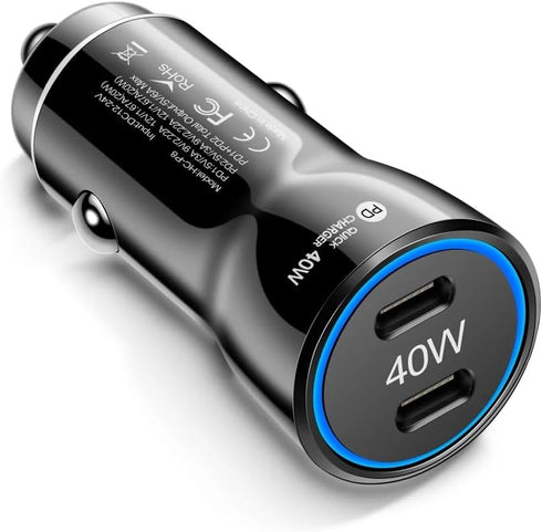 USB C Car Charger, 2-Port 40W Dual USB-C Power Adapter, PD/QC Fast Charging for iPhone, Samsung Galaxy, Pixel