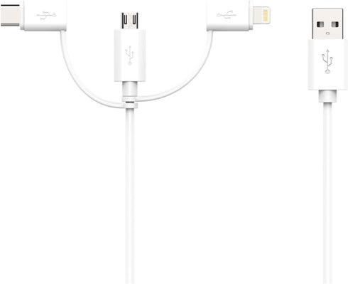 Apple MFI Certified 3-in-1 Cable, Lightning/Type C/Micro USB for iPhone, iPad, Huawei, Samsung Galaxy, 6FT White