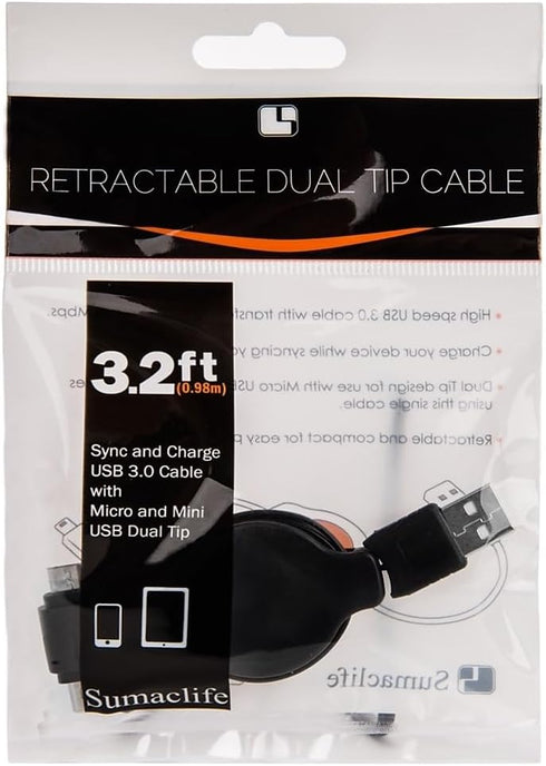 SumacLife 3.2-Feet Retractable USB 3.0 to Dual Tip Micro and Mini USB Charge and Sync Cable
