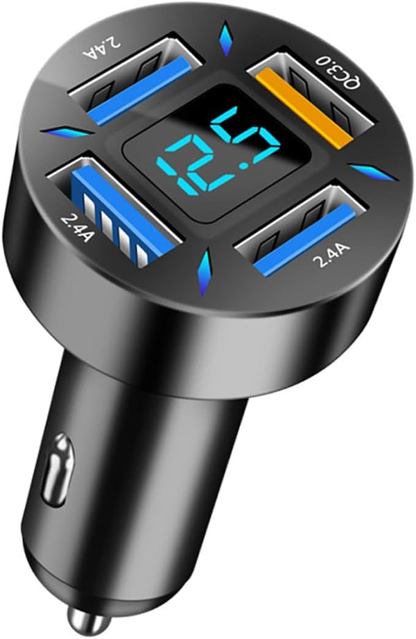 4 Ports USB Car Charger, 66W Super Fast Charging USB QC 3.0 Adapter with LED Voltmeter for Car