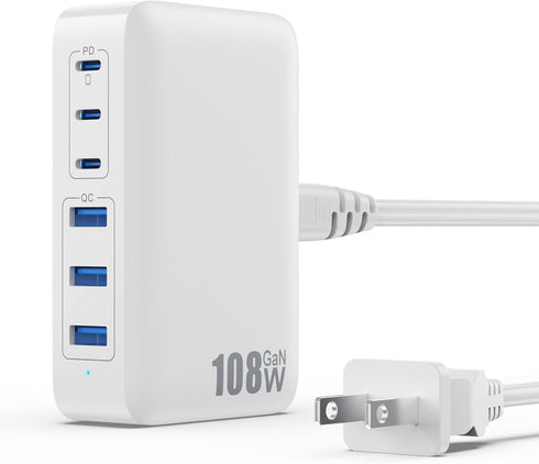 USB C Charger 108W, Upgraded GaN III 6-Port Fast USB Charging Station Hub, 3xQC+3xPD3.0 Phone Charger Adapter for