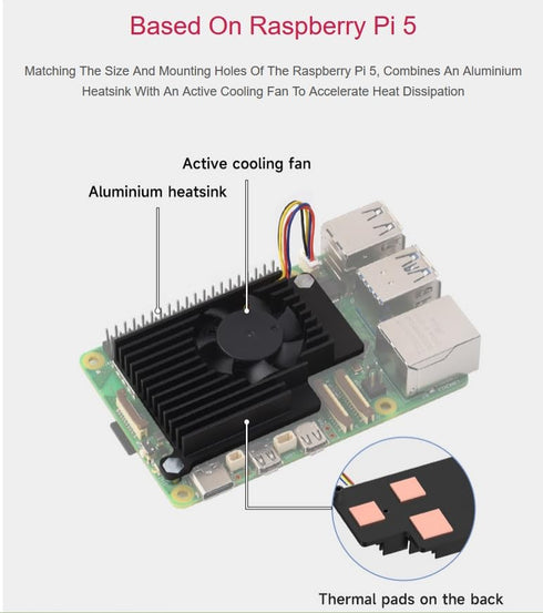 Active Cooler for Raspberry Pi 5, Combines Active Cooling Fan and Alumium Heatsink and Thermal Pad to Accelerate Heat Dissipation for Raspberry Pi 5 (No Pi Board)