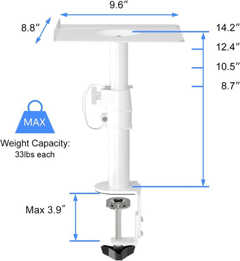 suptek Clamp-on Speaker Stand Desk Mount Set, Height Adjustable, Tilt, Swivel, 2 Pack, Universal Audio Holders, White