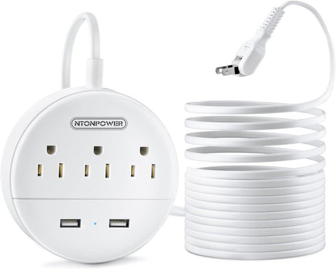NTONPOWER Long Extension Cord 15FT, 3 Outlets 2 USB Ports, 2 Prong Power Strip with Wall Mount Adapter