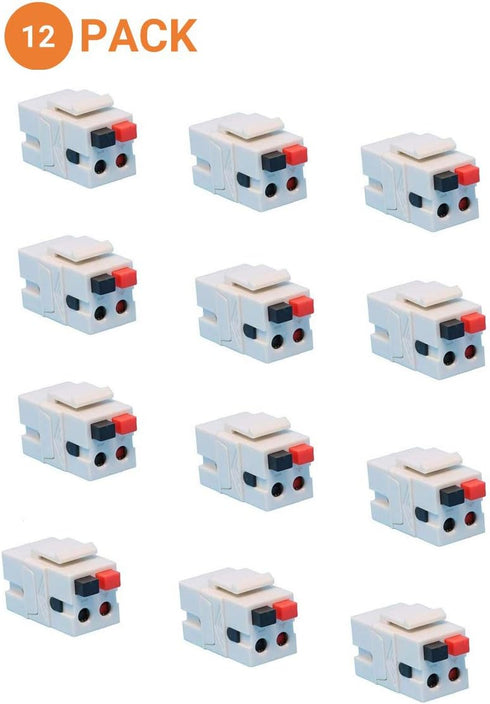 Speaker Keystone Jack – Spring Loaded Female to Female for Home Theater Wall Plates - White (12-Pack)