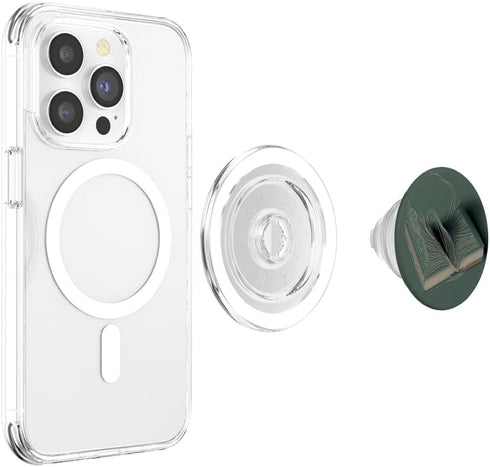 PopSockets PopGrip for MagSafe, Minimal Book Line Art for Bookworm on Sage Green