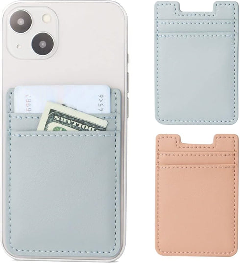 2-Pack Phone Wallet, Leather Adhesive Card Holder for Back of Phone Case, Pink and Blue for iPhone and Android