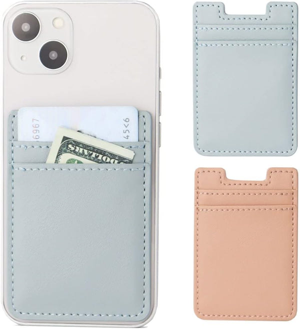 2-Pack Phone Wallet, Leather Adhesive Card Holder for Back of Phone Case, Pink and Blue for iPhone and Android