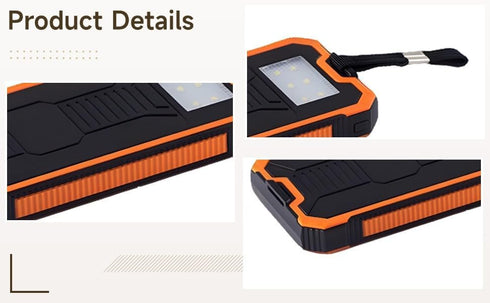 wkao 10000Mah, Solar Power Bank Orange, Dual USB Output, Shockproof & Dustproof with Led Flashlight & Carabiner