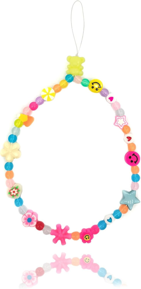 Colourful Phone Accessories Charm String Beads Lanyard, Anti-Lost Phone Chain with Smiley Face, Evil Eye, Flower,