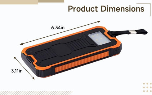 wkao 10000Mah, Solar Power Bank Orange, Dual USB Output, Shockproof & Dustproof with Led Flashlight & Carabiner