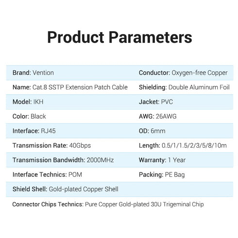 8 26FT 40Gbps Cat8 RJ45 VENTION Cat Ethernet Extension Cable LAN Cable Extender FTP Ethernet Patch Internet Cable