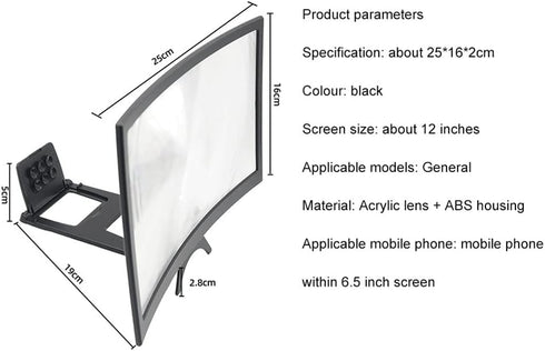 12" 3D Curved HD Screen Magnifier for Cell Phone with Foldable Stand, Compatible with All Smartphones